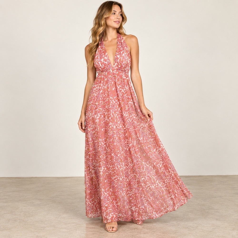 Kay Unger Silk Halter Maxi Dress Womens 2 Pink Paisley Print Boho Chiffon